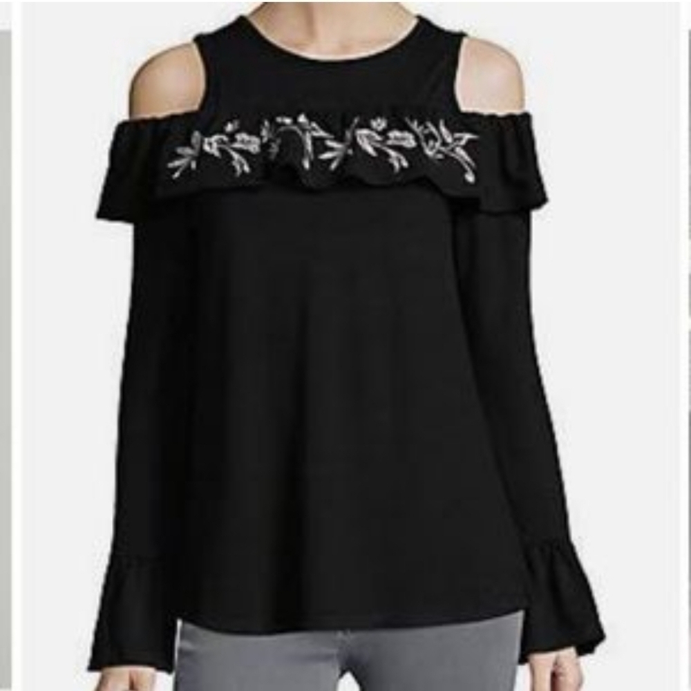 August Silk Black and Cream Floral Embroidered Cold Shoulder Top